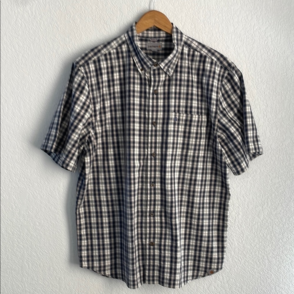Carhartt Relaxed Fit Short Sleeve Blue Plaid Cotton Button Down Shirt Mens XL